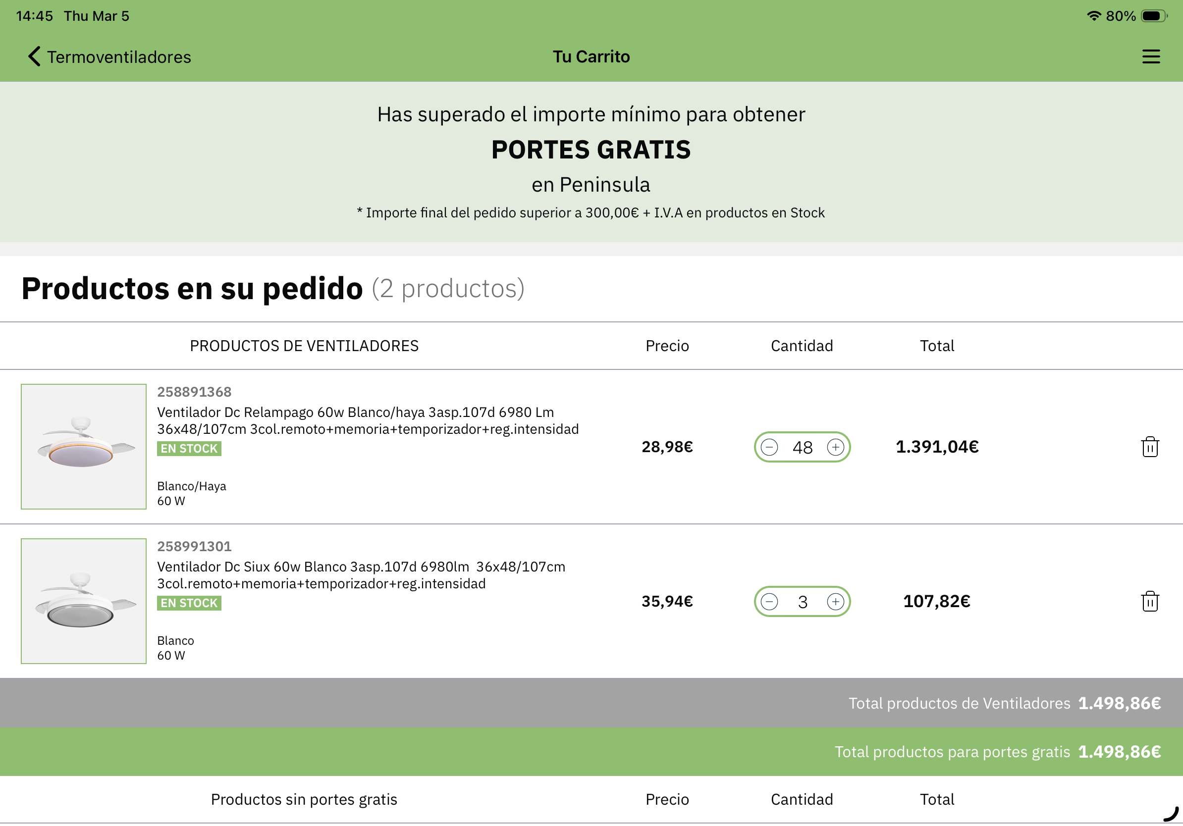 Shopping cart with B2B pricing and shipping details