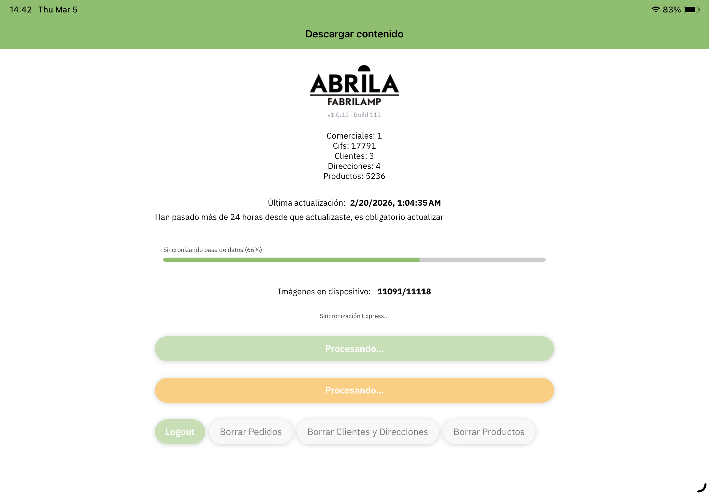 Data sync screen showing database sync progress and device statistics