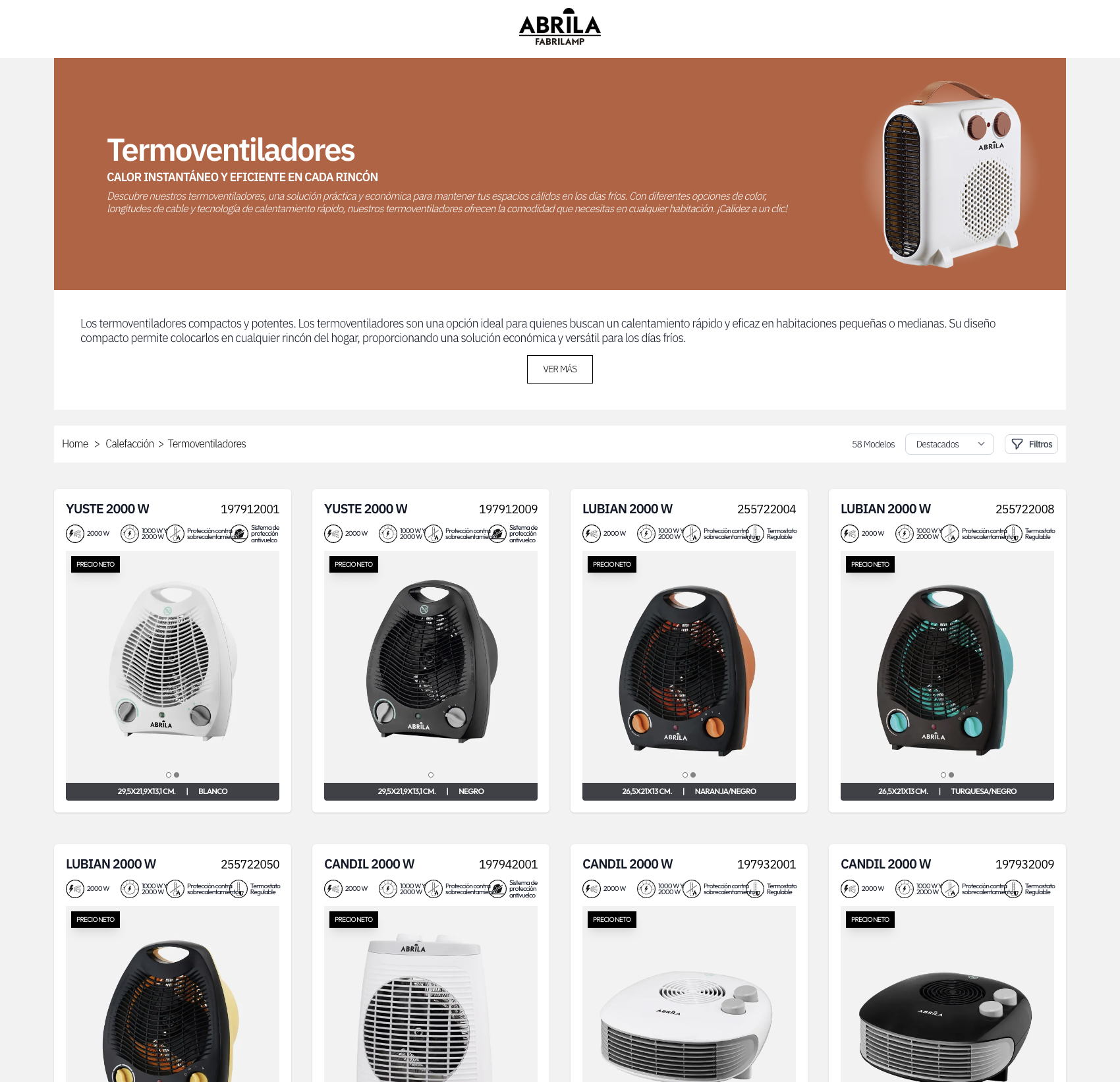 Abrila web platform homepage showing lighting product categories